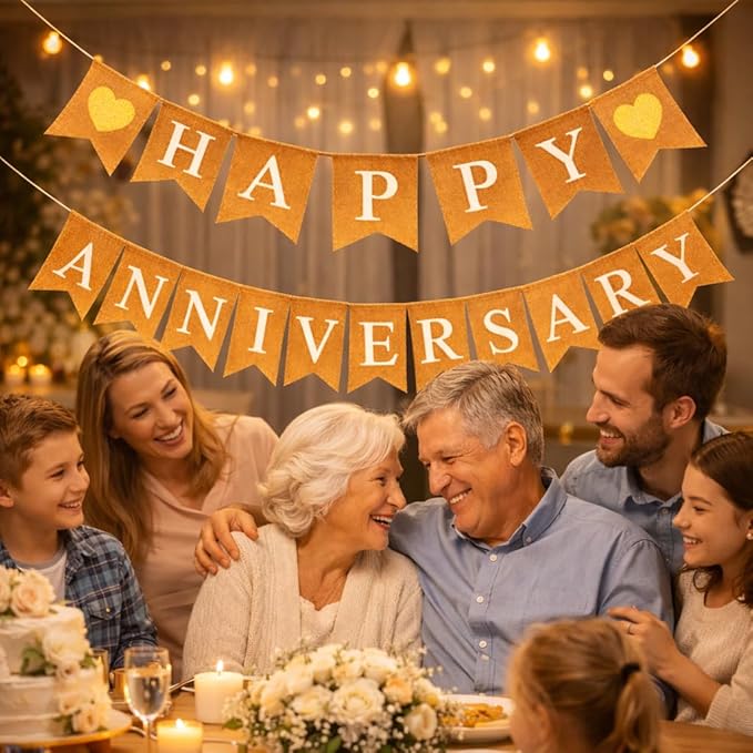 "Happy Anniversary" Burlap Banner – Rustic “Happy” and “Anniversary” across natural burlap flags (approx. 5" × 7") with Sparkly Gold Hearts Party Decor