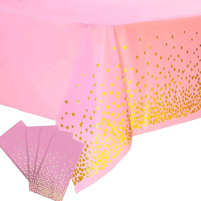 4 Pack Plastic Pink Tablecloth Disposable Pink and Gold Tablecloth for Rectangle Tables 54" x 108" Party Decorations Birthday Thanksgiving Christmas Valentines Wedding Outdoor BBQ Picnic (Pink)