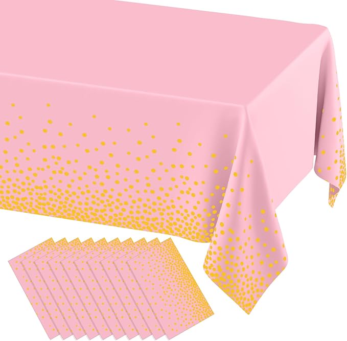 misaya 10 Packs Dot Disposable Table Cloth, 54 x 108 Inch Waterproof Plastic Tablecloth, Rectangle Gold Dots in Pink Table Covers for Easter, Picnic, Birthday, Party
