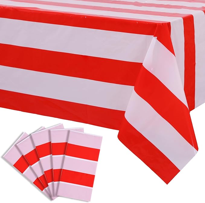 Kesfey 5 Packs Red and White Vertical Striped Tablecloth 54 x 108 Inch Circus Carnival Theme Party Table Cloths Decorations Waterproof Red Striped Picnic Table Cover for Independence Birthday Party