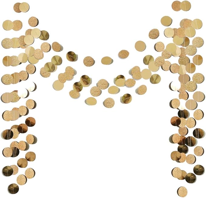 6 Pcs Glitter Champagne Gold Paper Circle Dots Garland (52 Feet) Party Hanging Bunting Birthday Party Decorations Engagement Party Bridal Shower Wedding Baby Shower Christmas Supplies Photo Backdrop