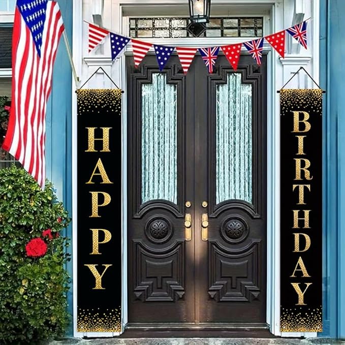 12x71 inch black gold glitter birthday porch banner indoor and outdoor hanging decoration for birthday parties, weddings, graduation ceremonies, terraces, courtyards, and home decor made of polyester fabric, reusable and easy to install