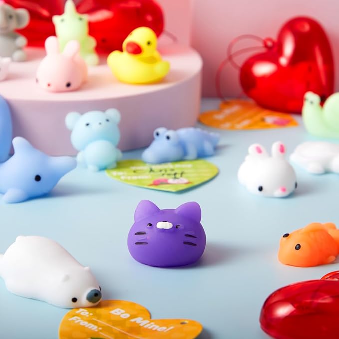 JOYIN 28 Packs Valentine Day Gift Cards with Mochi Squishy Toys and Filled Hearts for Kids Valentine Classroom Exchange, Kawaii Stress Relief Toys School Gifts Exchange, Games Prizes
