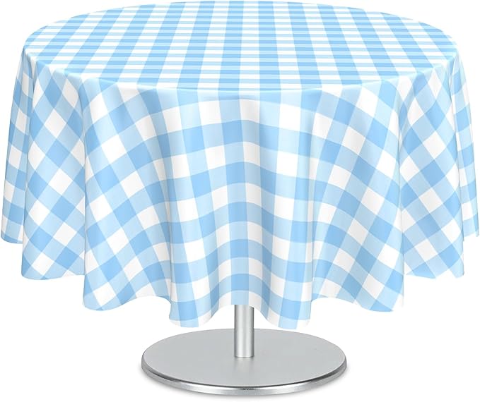 Mulbozy 2 Pcs Light Blue Gingham Round Tablecloth, 84 inches Disposable Plastic Light Blue and White Checkered Circle Table Covers for Baby Shower Wedding Bridal Shower Birthday Party Decorations