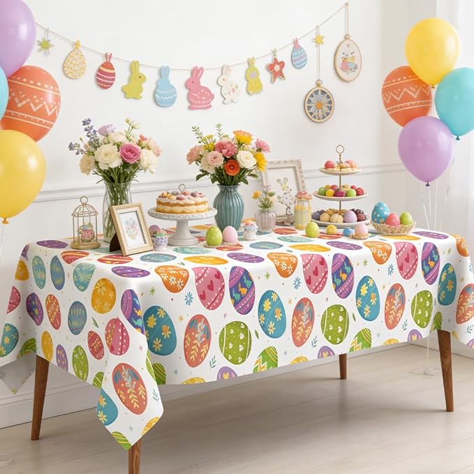 2 PCS Easter Tablecloths(54x108 Inch) Disposable Plastic Easter Eggs Tablecloth Spring Table Cloth Cover Holiday Party Favors Supplies Decorations Home Dinner Kitchen Table Decor Backdrop Photo Props