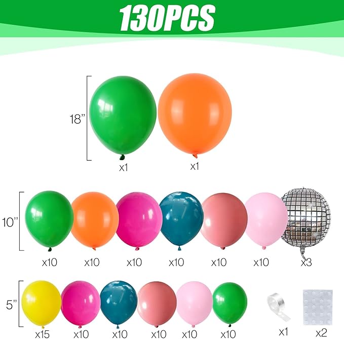 Tropical Balloons Garland Arch Kit, 130Pcs Hawaii Balloon Arch Kit, 18 10 5 Inch Summer Green Hot Pink Orange Yellow Balloons, Hawaii Party Decorations for Swimming Surfing Beach Party Birthday