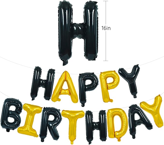 TONIFUL Happy Birthday Balloons Banner with Ribbon Straw, 16 Inch Mylar Letters Birthday Sign Banner Balloon Bunting Reusable for Girls Boys Kids & Adults Birthday Halloween Supplies（Black Gold）