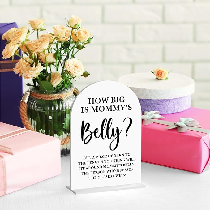 Baby in Bloom Shower Decorations, Baby Shower Sign, Newborn Gifts, Belly Game Signs, Modern Calligraphy Arched Acrylic Table Top Signs With Stand for Gender Reveal Party Decoration (White)