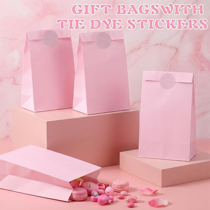 woric 36PCS Pink Paper Bags with Stickers, Small Pink Party Favor Bags for Girls Birthday Self Stand Easter Goodie Gift Bag for Kids Baby Shower Wedding