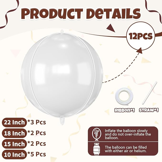 12Pcs White Round Balloons Foil, 22" 18" 15" 10" 4D Round Ball Shaped Balloon, Giant White Foil Balloons for Wedding Engagement Bridal Shower Prom Birthday Party Decorations Backdrop