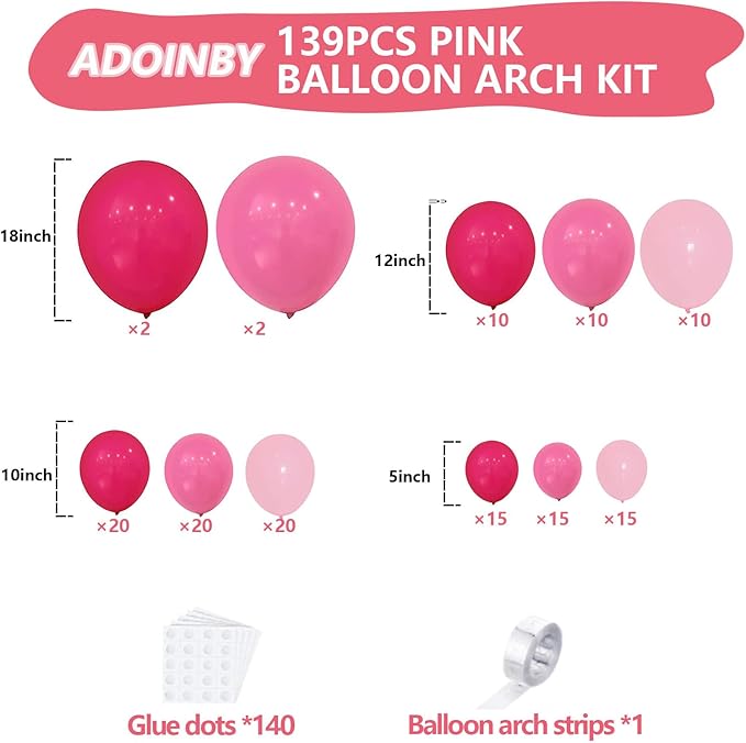 Pink Balloons Arch Kit, Pastel Pink Hot Pink Balloon Garland kit, 18 12 10 5 Inch Different Size Balloons for Birthday Princess Baby Shower Galentine's Day Valentine's Theme Party Decorations