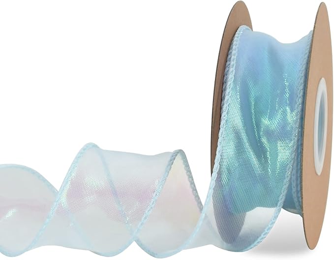 TONIFUL 1-1/2 Inch Wide Laser Light Sky Blue Wired Chiffon Ribbon Shimmer Sheer Organza Ribbons for Crafts Floral Bouquets Wedding Party Decorations Valentine's Day Gift Wrapping Bow Making (10yd)