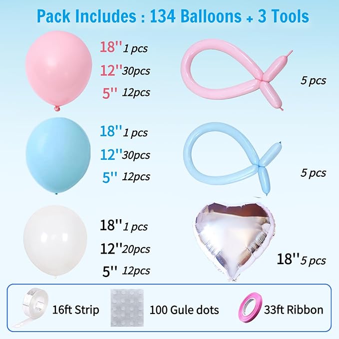 134Pcs Pink and Blue Balloons Garland Arch Kit - Gender Reveal Balloon Decorations for Boy or Girl, Baby Shower, Birthday, Anniversary Party Decorations 2026