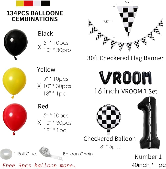 134pcs Balloons Race Car Birthday Party Supplies Decorations for Boys - Racing car Theme Party Supplies Happy Birthday Racecar Number Balloons Garland Kit Vroom Birthday Party Decorations