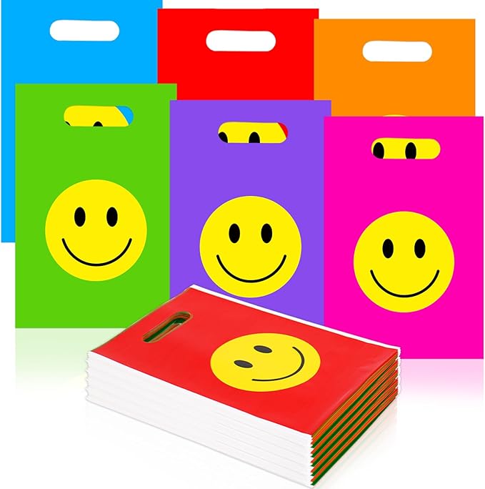 Whaline 200Pcs Rainbow Smile Face Party Favor Bag Colorful Plastic Treat Bags with Handles Candy Goodie Bags for Birthday Baby Shower Snack Cookie Packing