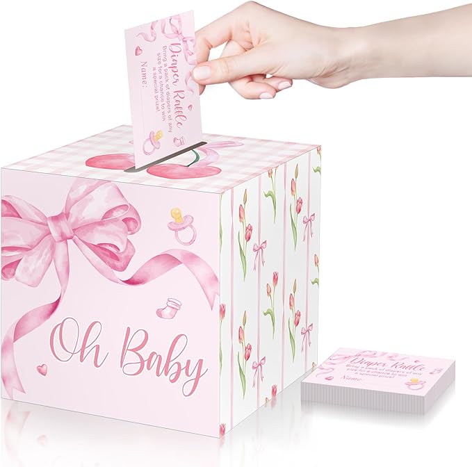 Funrous 51 Diaper Raffle Tickets with Box for Baby Shower Game Invitations Diaper Raffle Card for Gender Reveal Baby Shower Party Decoration Table Centerpiece(Pink Color)