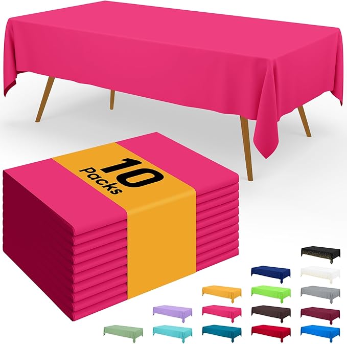 Smiry Disposable Table Cloth - 10 Pack, 54 x 108 Inch Waterproof Rectangle Tablecloths for Parties, Decorative Plastic Table Cover, Leakproof & Sturdy, Hot Pink