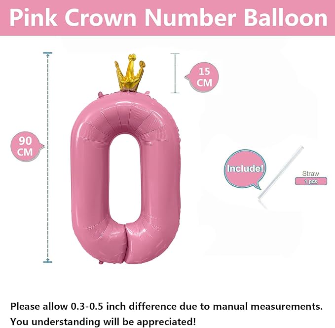40 inch Pink Number 0 Balloon with Crown, Pink Crown Balloons 0-9 for 0th Birthday Party Anniversary Decorations Supplies