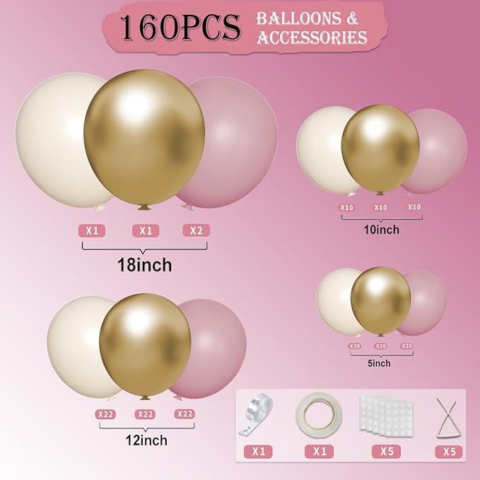 Pink White Gold Balloon Garland Arch Kit, 160Pcs Pastel Pink Matte White Metallic Gold Balloons for Girls Birthday Baby Shower Wedding Bridal Shower Party Decorations