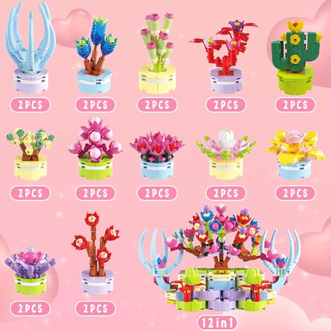 WODMAZ Valentines Day Cards with Plant Building Blocks, 24 Packs Succulents Flower Toys Valentines Day Gifts for Kids School Classroom Exchange, Valentine Party Favor, Valentine's Greeting Cards
