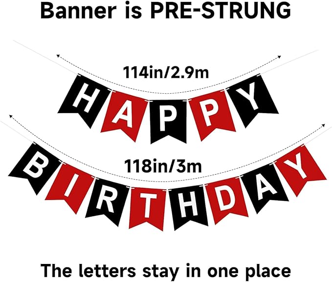 Red and Black Happy Birthday Banner Birthday Party Banner NO DIY Happy Birthday Sign Pre-Strung Birthday Hanging Decoration for Women Men Girl Boy Party Supplies (Red and Black)