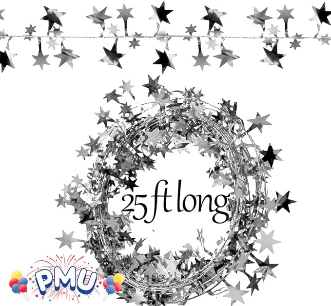 PMU 75 Ft Star Wire Shiny Garland Silver - Halloween, Christmas Party, Wedding, Birthday, Festive Home Decoration Ornament Silver (3pc-25Ft Each)