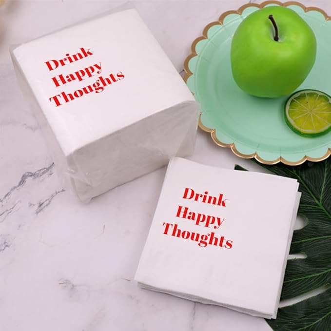 Funny Cocktail Napkins 100Pcs Funny Quotes Saying Disposable Paper Party Napkins 4.5 x 4.5 Two-ply (Drink Happy Thoughts Napkins)