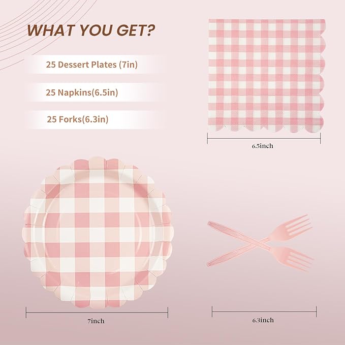 75Pcs Light Pink Gingham Party Supplies - 7Inch Scalloped Paper Plates and Napkins Checkered Plates Disposable Pink and White Plaid Party Decor for Baby Shower Wedding,Serves 25