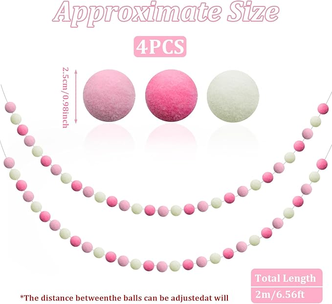 4 Pack 6.5 Feet Long Pom Pom Garland Red Pink White Felt Ball Garland 30 Balls for Valentine Day Wedding Party Birthday Decor Ornament