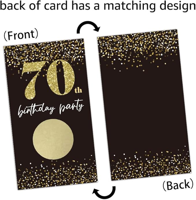 REWIDPARTY Black Gold 70th Birthday Party Scratch Off Game Cards (32 PCS) Cheers to 70 Years Prize Raffle Tickets Happy 70th Birthday Party Scratch Cards Supplies Activity for Family Friends Adults