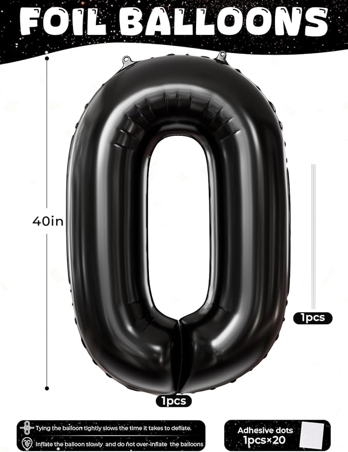 Black Number 0 Balloons - 40 Inch Number Balloons Big Black Foil Balloon, Mylar Balloon for Men Women Boys Girls Birthday Baby Shower Party Decorations