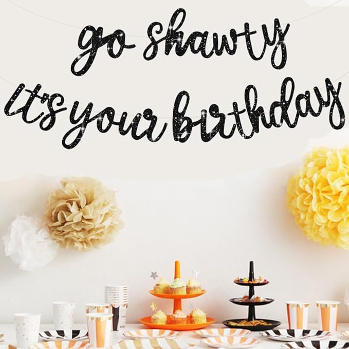BEISHIDA Go Shawty It's Your Birthday Banner NO DIY Hip Hop Theme Happy Birthday Banner Pre-Strung Rap Theme Happy Birthday Sign for Man Women birthday Party Supply Glitter Black
