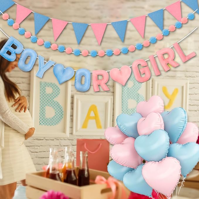 Gender Reveal Banner Set with Pre-Strung 3D Boy or Girl Felt Banner, Pom Pom Garland, Triangle Fabric Bunting, 12 PCS Pink Blue Heart Shaped Balloons, Baby Shower Decorations for Girls Boys Twins