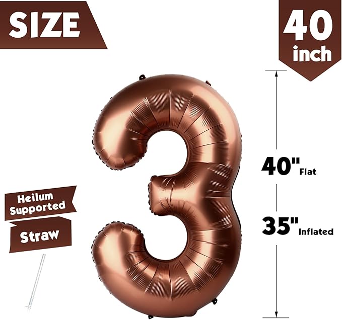 40 Inch Coffee Brown Number 3 Balloon, Giant 3 Number Balloons for 3rd Birthday Decorations, Party Supplies for Baby Boy Girl, Coffee Brown Party Decor