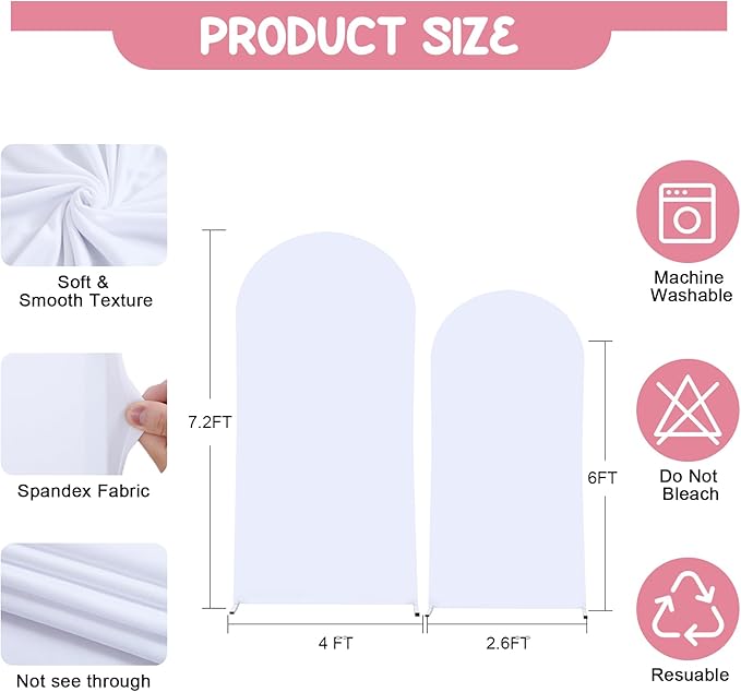 White Arch Backdrop Covers - 7.2FT, 6FT Spandex Fitted Wedding Arch Stand Covers Round Top Chiara Stretchy Arch Backdrop Cover for Valentines Wedding Birthday Party Decoration