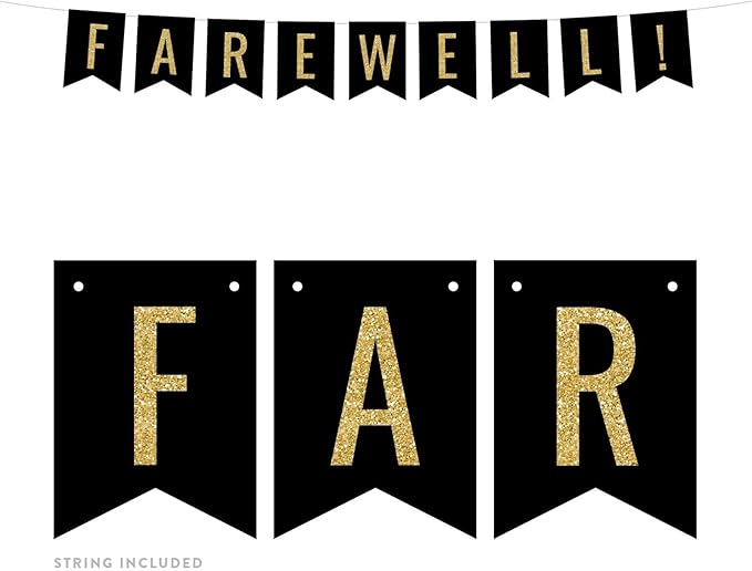 Andaz Press Faux Gold Glitter on Black Retirement Party Banner Decorations, Farewell!, Approx 5-Feet, 1-Set, Birthday Wedding Baby Shower Colored Hanging Pennant Decor