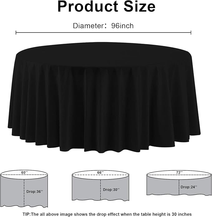 12 Pack Premium Black Plastic Table Cloth -96 Inch Round Tablecloth, Disposable Tablecloth Plastic Table Cover for Parties (12, Black, 96" Round)