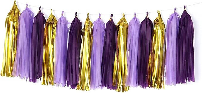 Purple Light Purple and Gold Tassel Garland Banner Paper Tassels for Party Decorations,Pack of 15