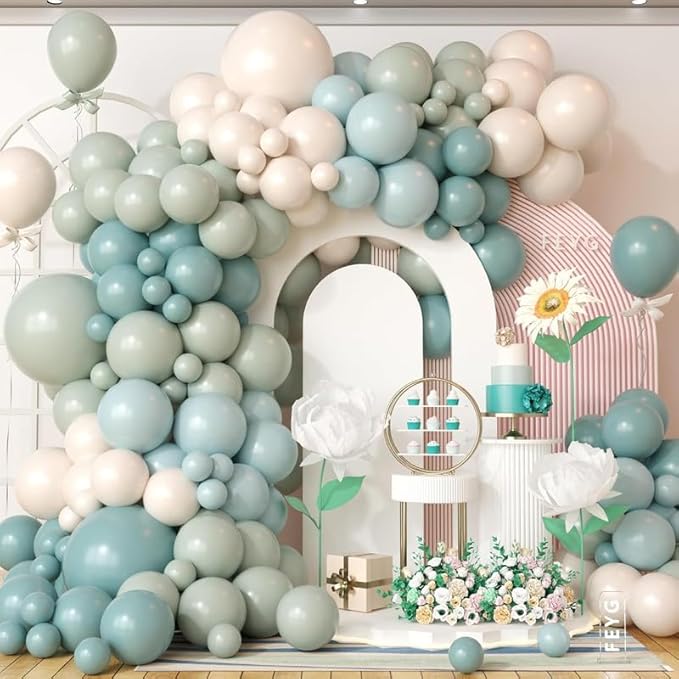 Dusty Green Blue Balloon Arch Kit, Fog Green Dusty Water Blue Beige Ivory Latex Balloons Garland Kit for Women Men Neutral Birthday Wedding Baby Bridal Shower Jungle Safari Party Decorations