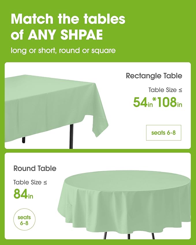 Pureegg Plastic Table Cloth Disposable 10 Pack, 84'' Round Table Cloths, Easter Party, Decorative Tablecloths, Round, Light, Pastel Plastic Cover, Leakproof & Sturdy, Sage Green