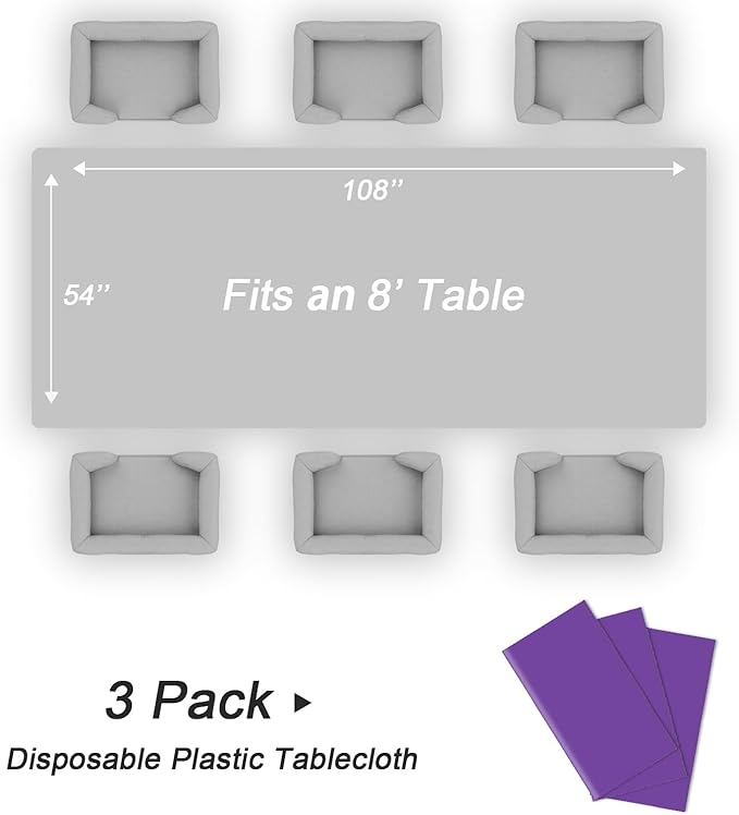 QIKSION Purple Plastic Table Cloth Disposable 3 Pack, 54 x 108 Inch Tablecloths for Party, Birthday, Graduation, Halloween Decorations, Rectangle Table Cover