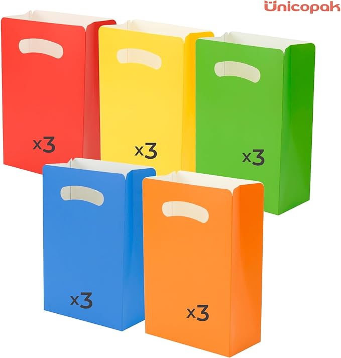 UnicoPak 15 Pack Colorful Party Favor Bags - 6×3×9” Vibrant Goodie Bags in 5 Assorted Colors for Birthday, Classroom, Halloween - Sturdy Red Blue Yellow Green Orange Gift Bags, Customizable for Treats Cookies
