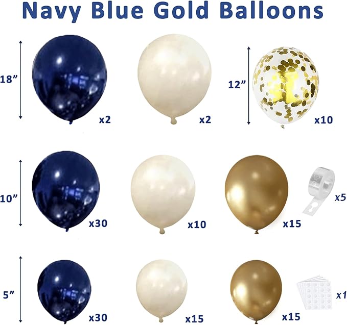 Navy Blue Gold Balloon Graland Arch Kit, Double Stuffed Pearl White Royal Blue Chrome Gold with Confetti Balloons for New Year Graduation Birthday Wedding Party Decorations