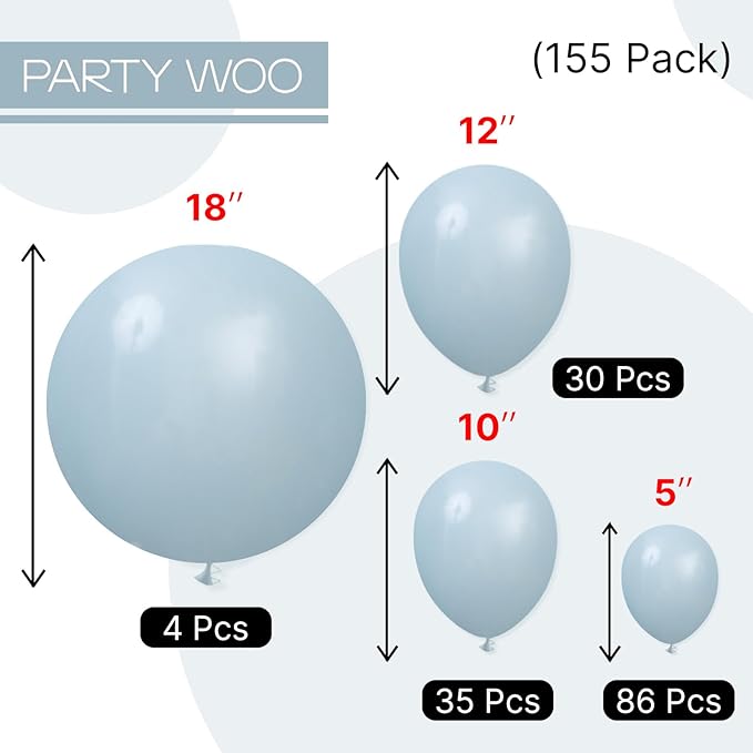 PartyWoo Dusty Blue Balloons 155pcs Different Sizes of 18 12 10 5 Inch Light Blue Aqua Boho Balloon Arch Kit Garland for Graduation Baby Shower Gender Reveal Birthday Party Decorations Blue-F28