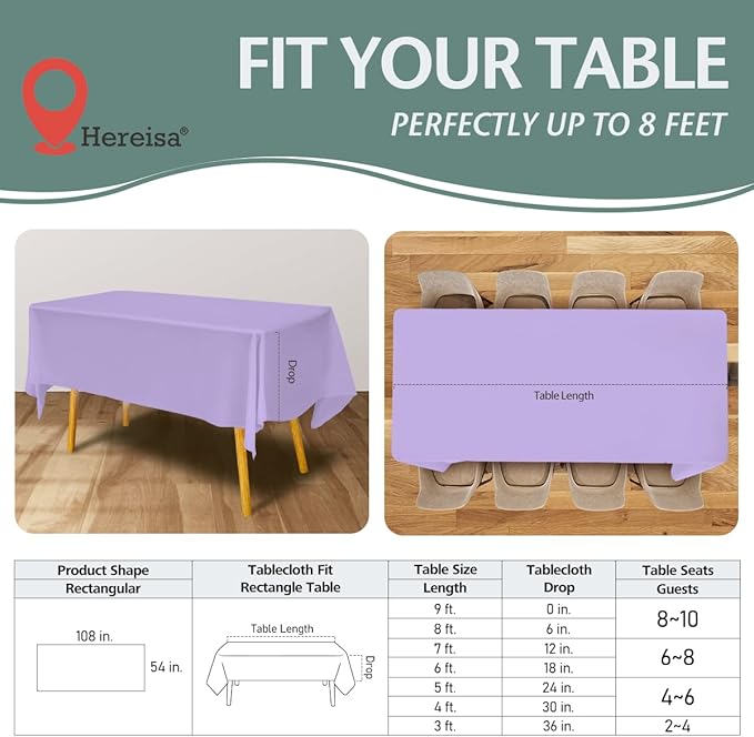 Disposable Plastic Tablecloth 54x108 Inch Rectangle - Lavender, 4 Pack Waterproof & Tear-Resistant Party Table Cover for Dining, Picnic, Crafts, Holiday Decor