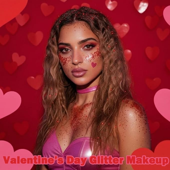Red Face Hair Glitter,Cheer Holographic Red Body Glitter,Rave Music Festival Singer Concert Accessories,Valentines Day Outfit for Women,Halloween Cosplay Shimmer Makeup