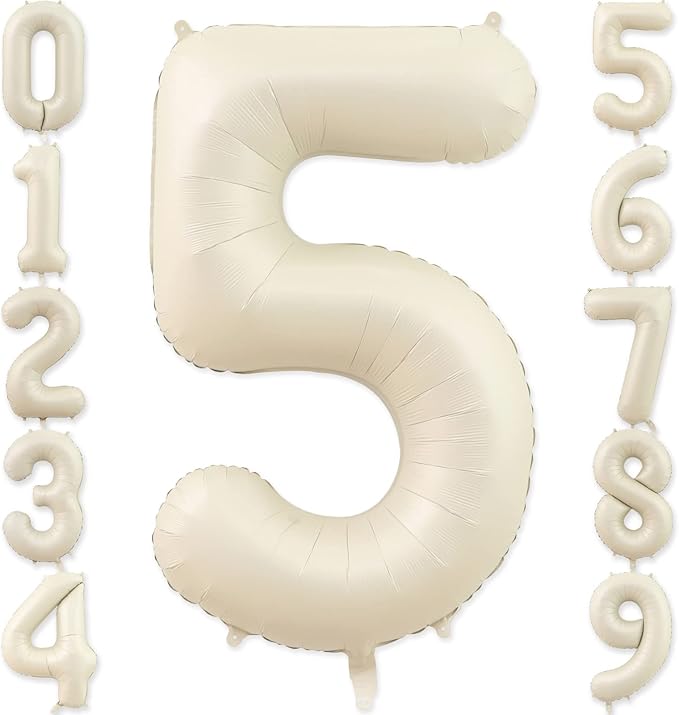 Number 5 Balloon, 5 Balloon, Number Balloons 40 Inch, Sand White Large Big Foil Number Balloons for Birthday Party Graduation Wedding Anniversary Baby Shower Bachelorette Decoration Supplies