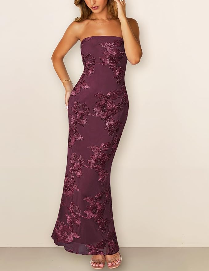 MEROKEETY Women's Floral Strapless Maxi Dress 2026 Summer Mesh Tube Bodycon Formal Wedding Guest Cocktail Party Long Dresses