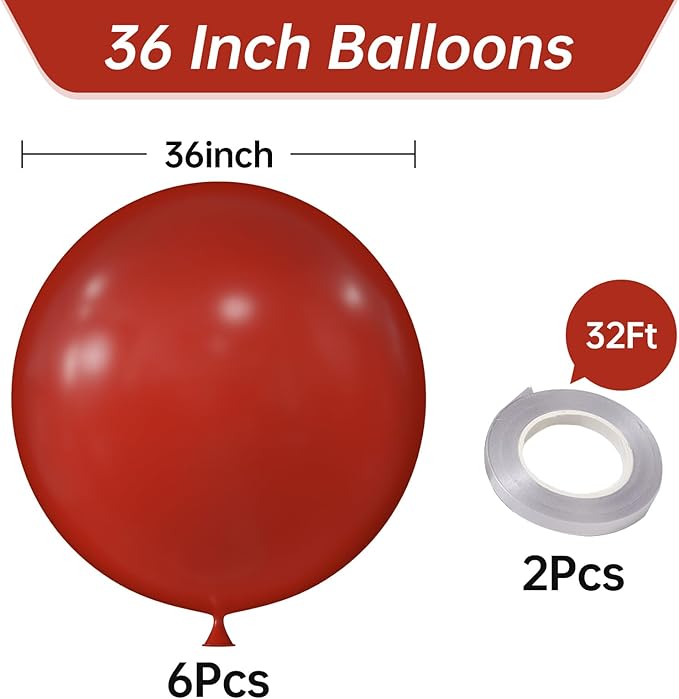 KALOR 36 Inch Giant Burgundy Red Balloons, 6 Pack Large Round Burgundy Red Latex Balloons for Anniversary, Birthday, Christmas, Wedding, Baby Shower Party Decorations
