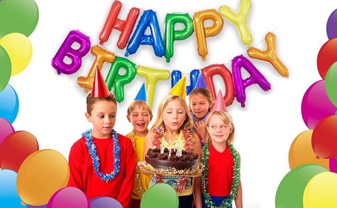 KALOR Rainbow Happy Birthday Balloons Banner,16 Inch Mylar Foil Letters Sign,Reusable Balloons for 30th 40th 50th 60th Birthday Party Decorations